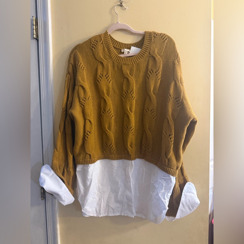 Pilcro Mustard Cable-Knit Layered Sweater with White Shirt Hem